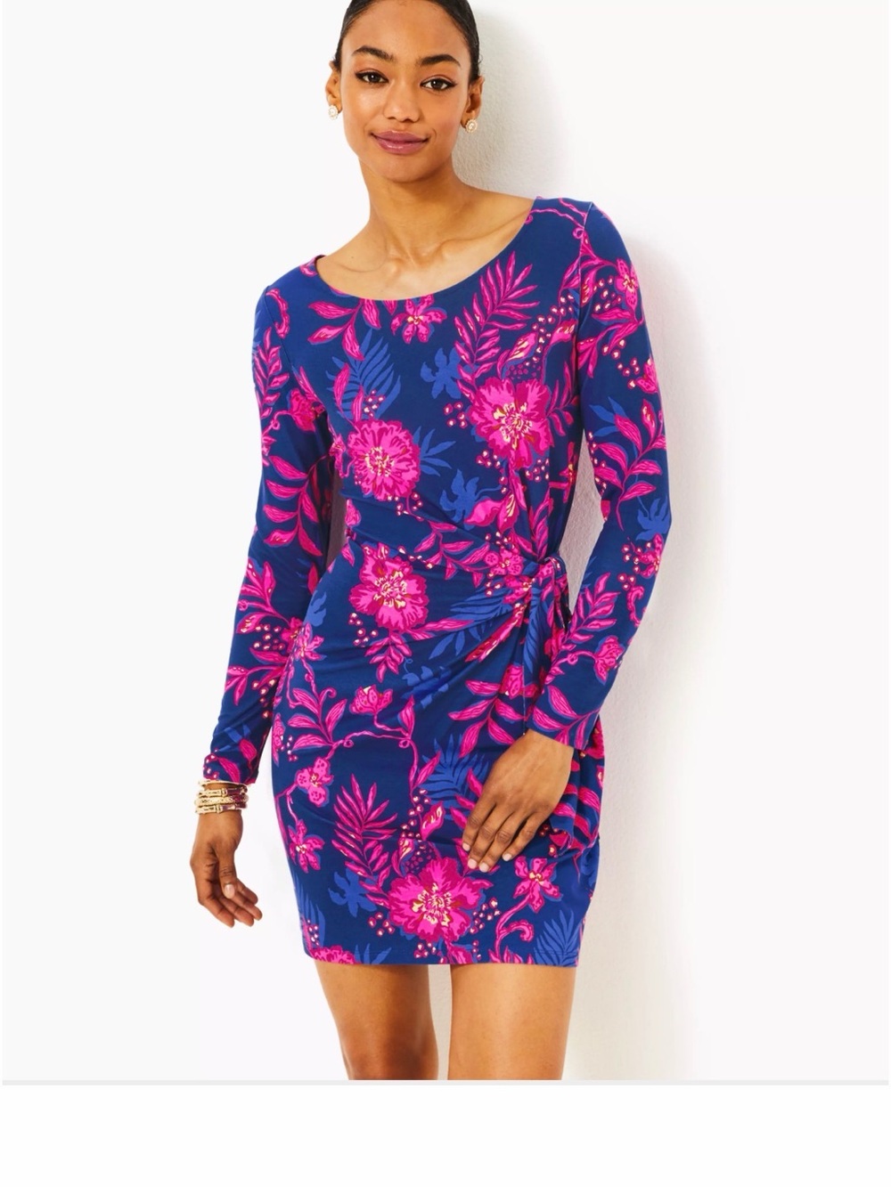 Lilly Pulitzer Bryson Dress Navy and Hot Pink Floral Long Sleeve